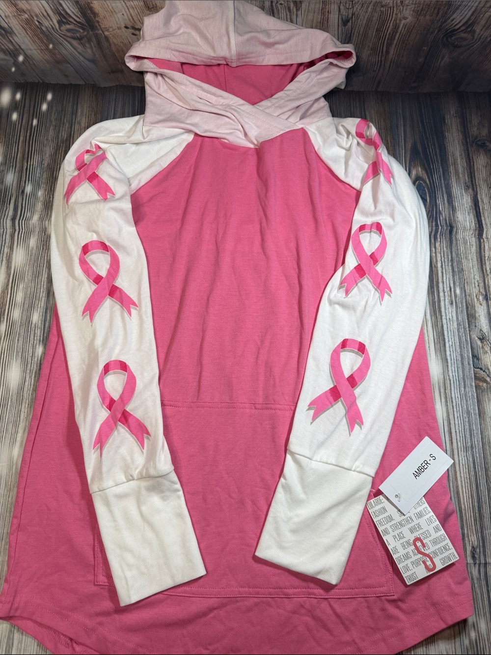 LuLaRoe Pink and Cream Ribbon Hoodie Breast Cancer Awareness Collection S